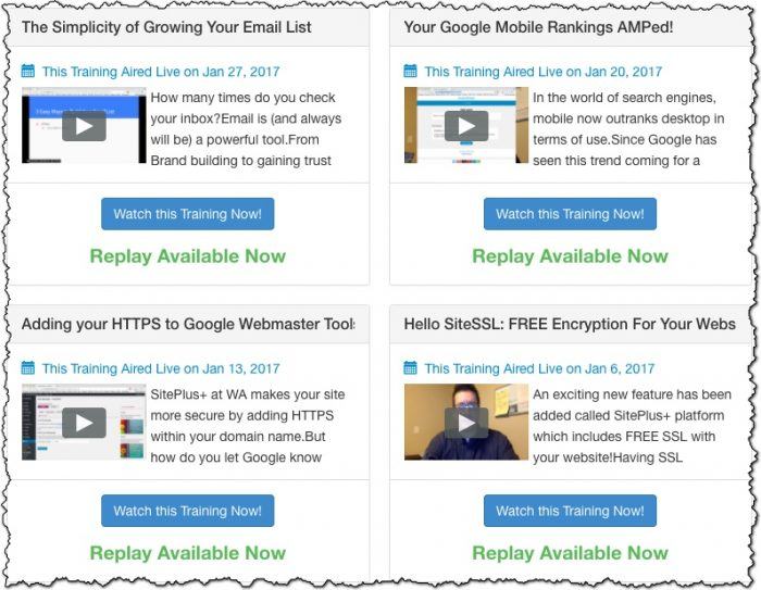 screenshot of previously aired webinars including topics like growing your email list, google amp, and adding https to your website