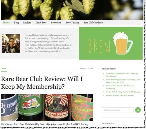 screenshot of niche website about the topic of brewing beer at home monetized with affiliate links