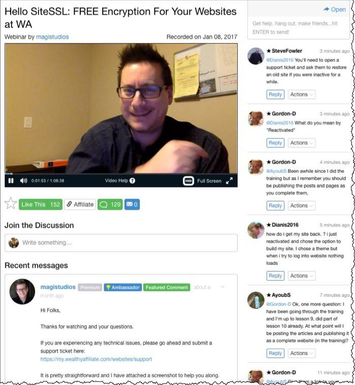 live webinar screenshot showing the host and live comments asking questions