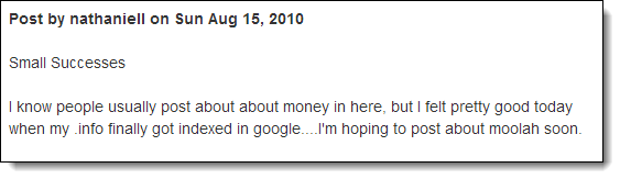 first success post nathaniell in 2010 describing that my website finally got indexed in google