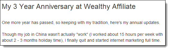 wealthy affiliate review 3 year anniversary affiliate marketing screenshot