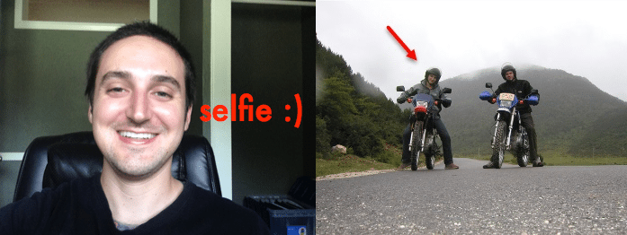 nathaniell brenes selfie split with separate image on motorcycle in lijiang china