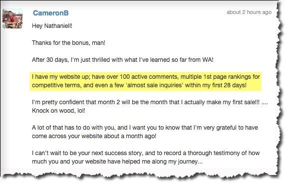 screenshot of member testimonial describing that they received first page rankings on their website within 28 days of joining Wealthy Affiliate