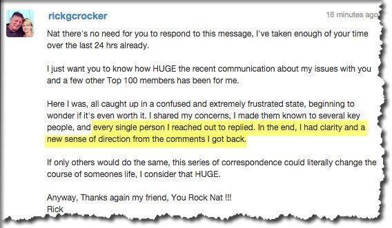 screenshot of testimonial from private messages describing that when a member reached out for help many other members answered his questions