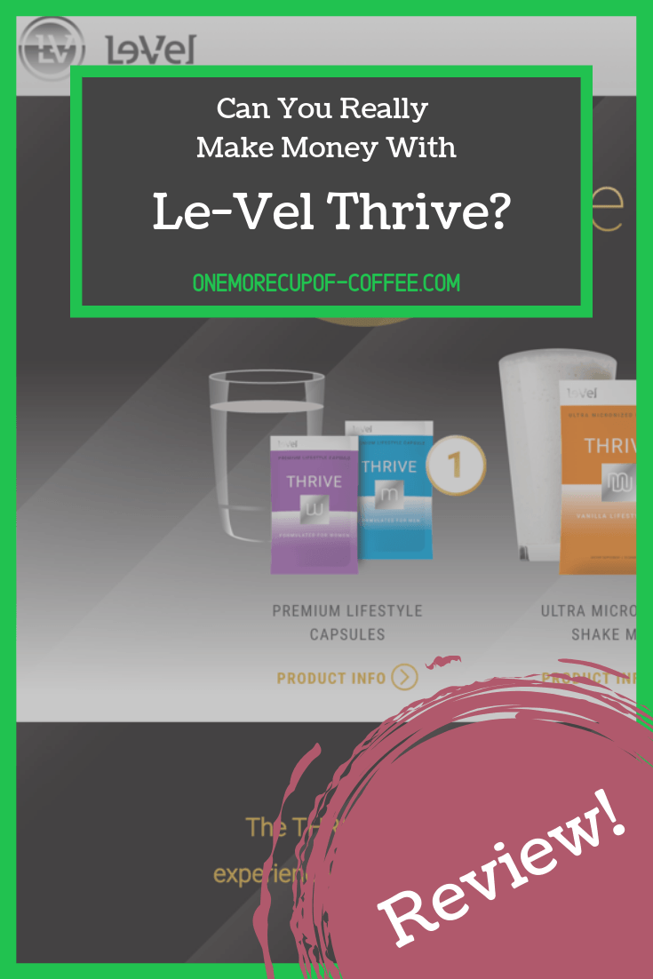 screenshot of level thrive home page and products with my own title that says, "can you really make money with level thrive" written in white, grey, and green text