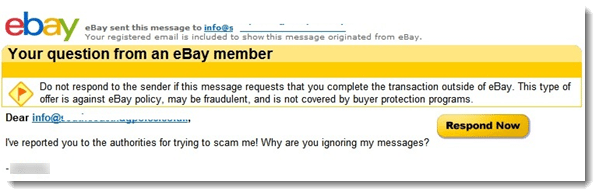This message says a lot about the rampant problems eBay has with scammers. Notice the message itself, but also the default warning displayed by eBay