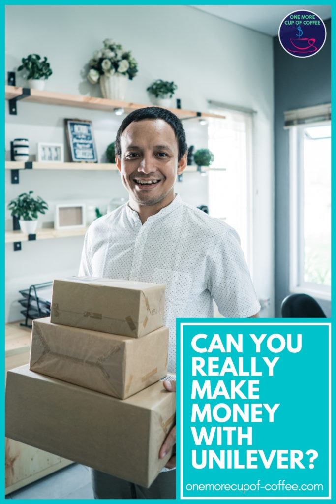 man inside his house wearing a while polo shirt, carrying 3 different sized packages of goods; with text overlay "Can You Really Make Money With Unilever?"