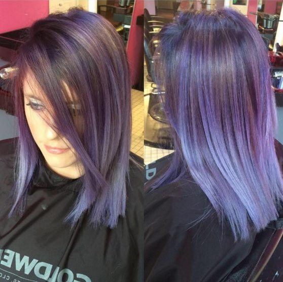 front and back view of woman with purple hair