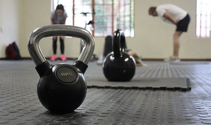 kettlebells on a gym floor