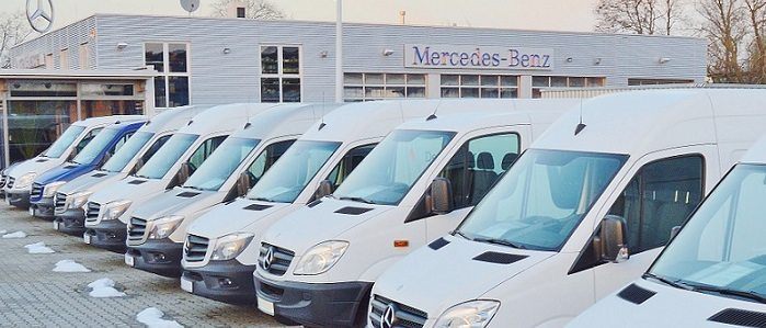 Mercedes-Benz dealership lot of vans