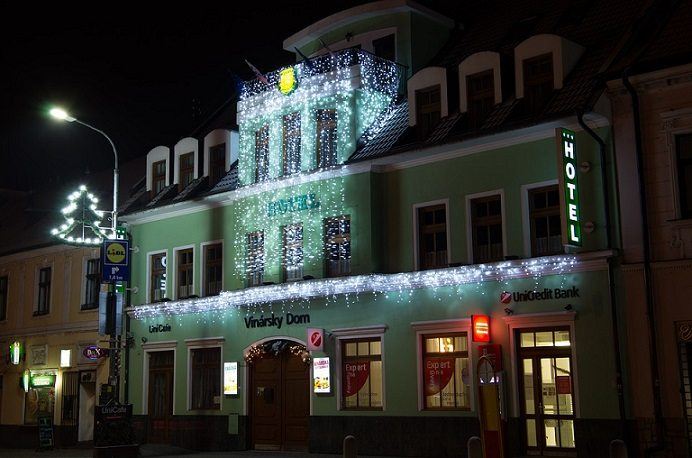 building decorated with LED icicle lights