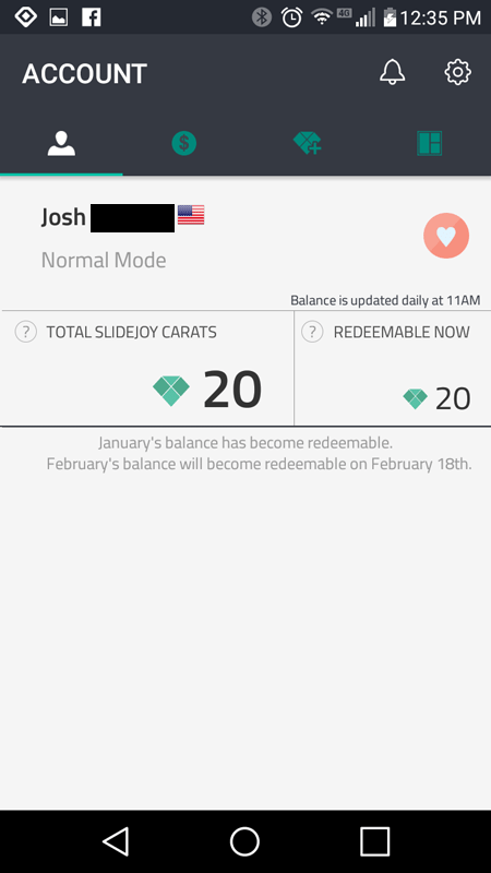 Slidejoy Account and Balance Home Screen