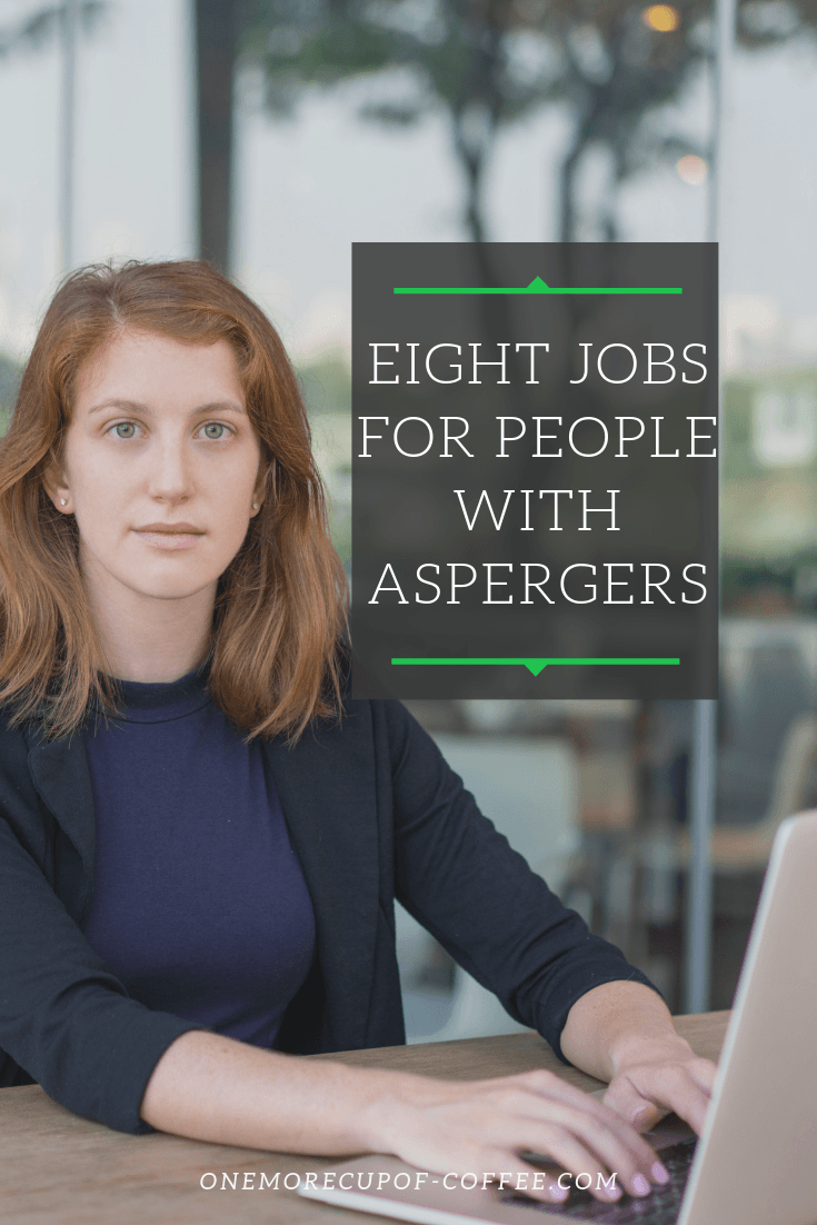 woman working on a computer looking serious and the title heading "eight jobs for people with aspergers"