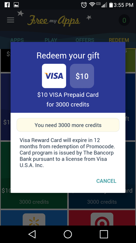 FreeMyApps Visa Giftcard