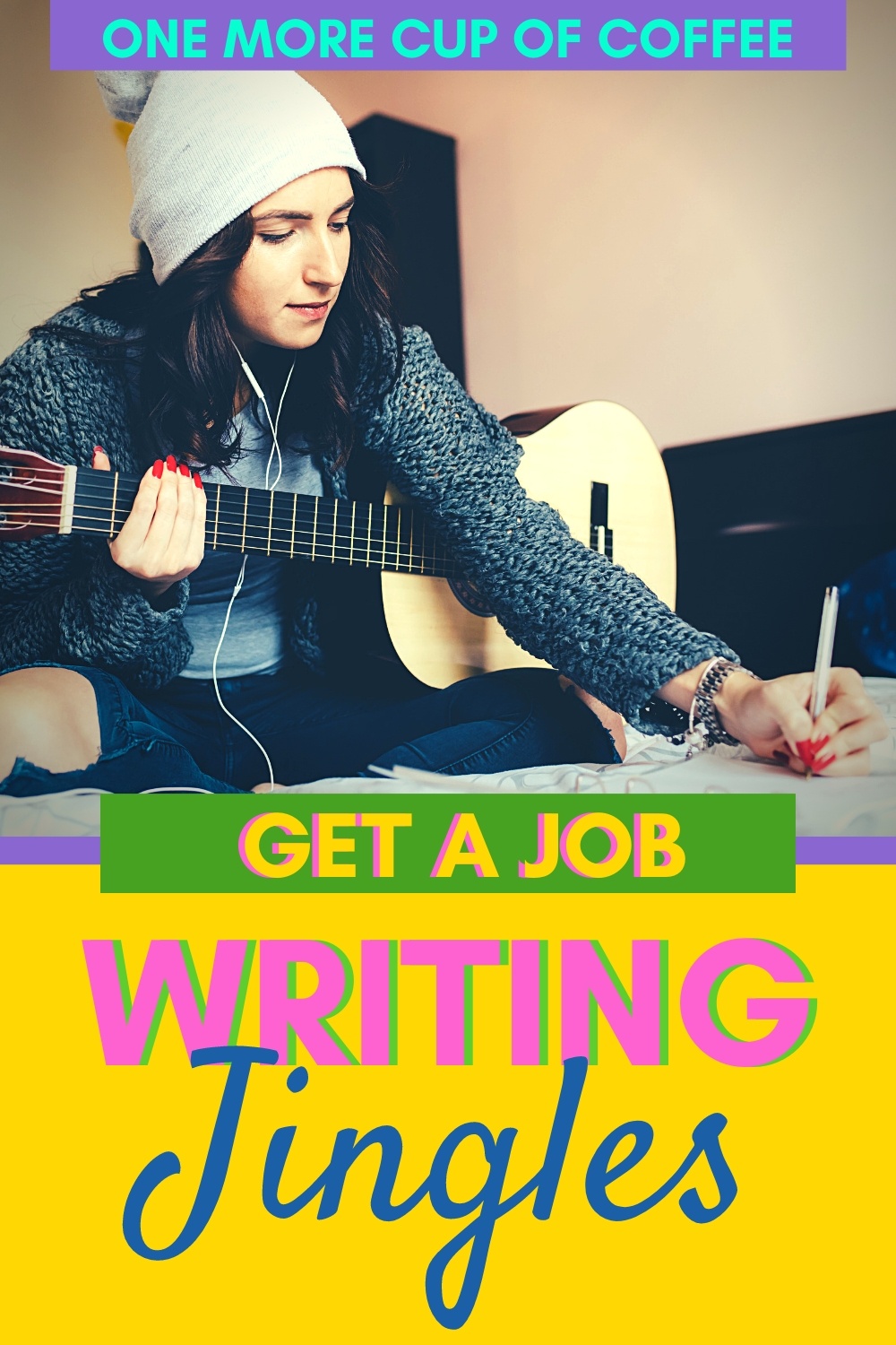 Woman songwriting with a guitar to illustrate getting a job writing jingles. 