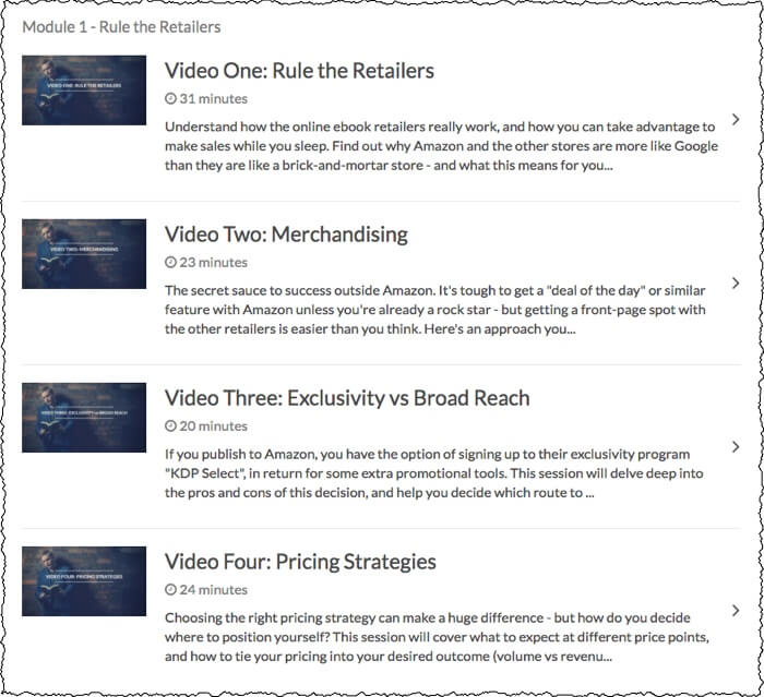 screenshot of module one videos one to four, including video titles, length, and short description of the lesson