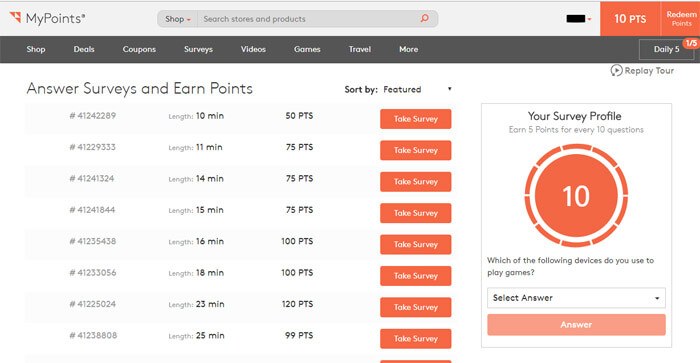 MyPoints Main Hub After Taking The First Survey