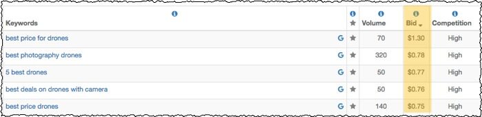 google cpc bid pricing data screenshot with bids highlighted