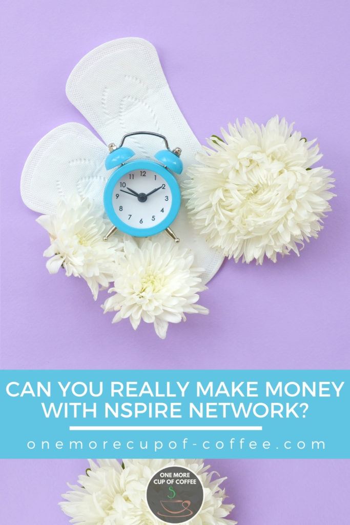 a couple of panty liners with white flowers and sky blue and white alarm clock on it; with text overlay in sky blue banner "Can You Really Make Money With Nspire Network?"