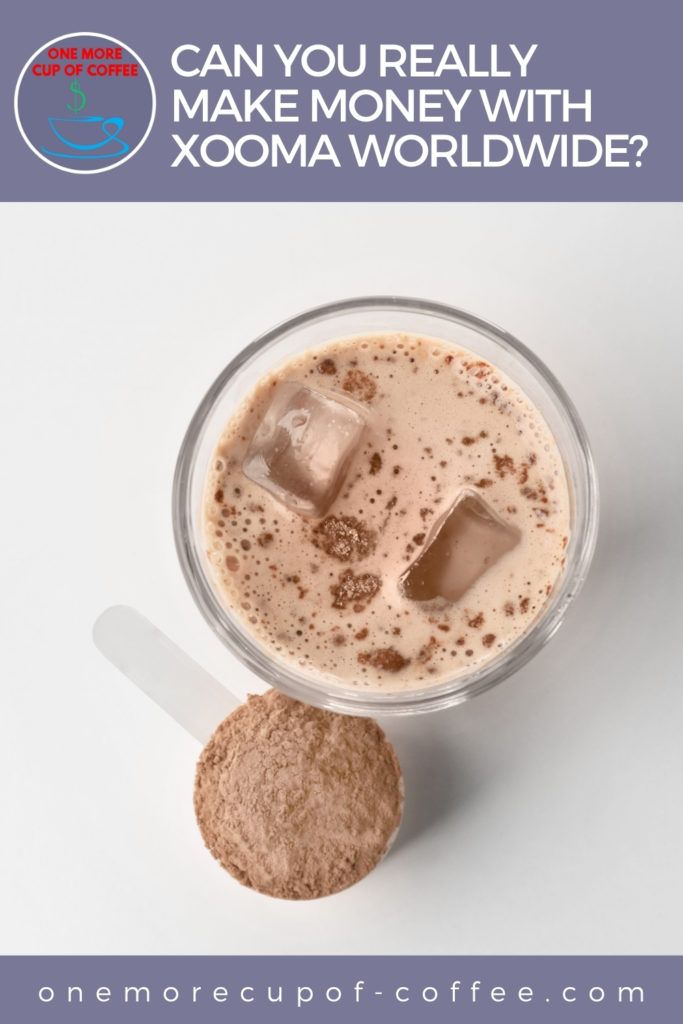 top view image of chocolate-colored beverage in a clear glass with ice cubes, with a heaping scoop of brown powder beside it; with text at the top in lavender banner "Can You Really Make Money With Xooma Worldwide?"