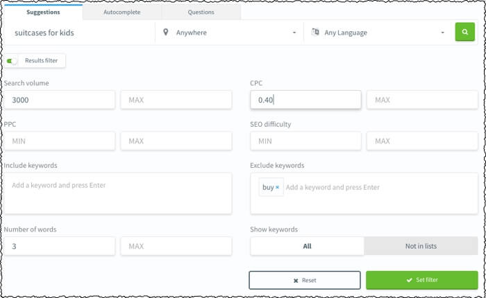kwfinder results filter examaple 3 word minimum no buy in phrase