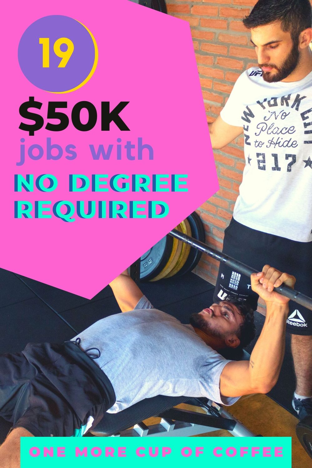 Personal trainer working with a client bench pressing representing 19 jobs paying k with no degree required!