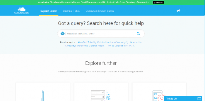 Front page of Cloudways customer support portal