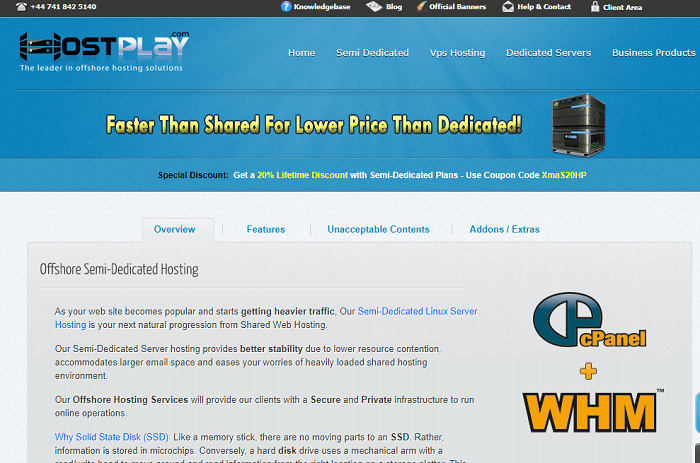 HostPlay's front page advertises shared, VPS, and dedicated hosting