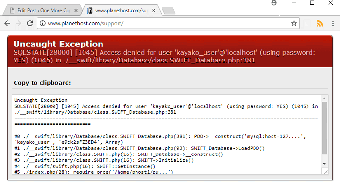Error message on PlanetHost's support page shows they have failed to install Zendesk