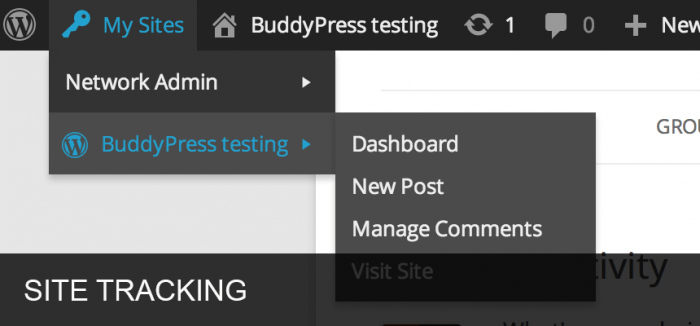 BuddyPress | One More Cup of Coffee The drop-down menu of a BuddyPress testing version.