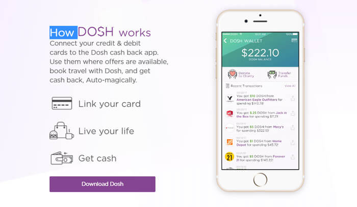 Image of the Dosh app on a phone, along with various app features