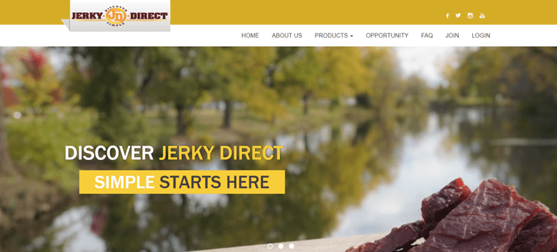 Jerky Direct Website Screenshot showing some jerky and an outside scene of a river with trees on either side