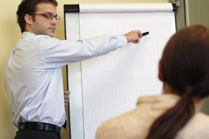 Manufacturing sales rep pointing at a board explaning why his product is good to buy