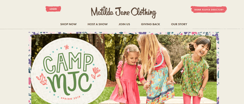 Matilda Jane Website Screenshot showing three young girls outside in play clothes from Matilda Jane Clothing