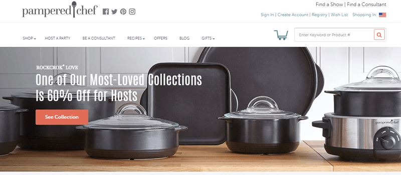 Pampered Chef Website Screenshot showing a selection of Rockcrok Love pots and pans