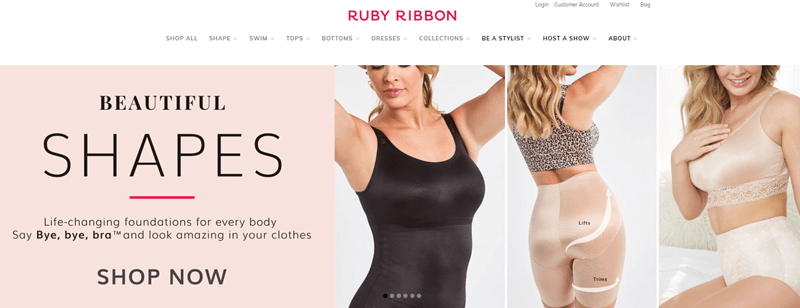 Ruby Ribbon Website Screenshot showing three images of women in shapewear