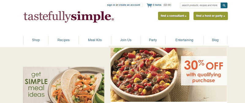 Tastefully Simple Website Screenshot showing tacos and a chili dish