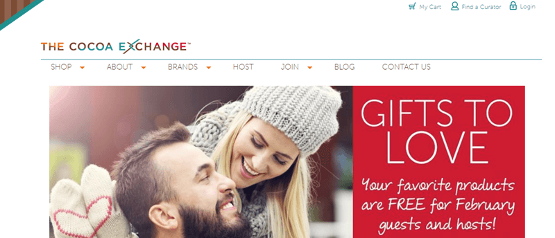 The Cocoa Exchange Website Screenshot showing a couple and the 'Gifts to Love' phrasing.