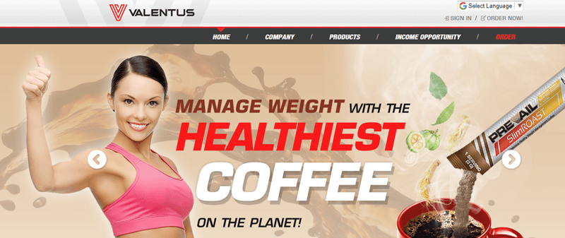 Screenshot of the Valentus Website with a Weight Loss and Coffee Focus