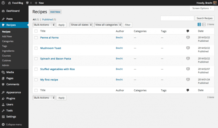 The list for a website's posted recipes on the WP Ultimate Recipe tab.