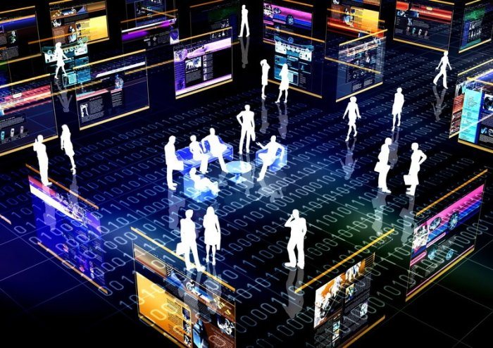 WordPress Community Building Plugins | One More Cup of Coffee image of virtual people standing in a room made of 1's and 0's representing an online community