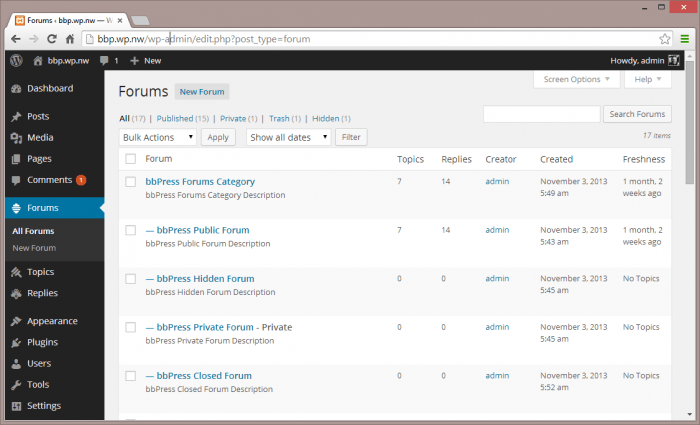 bbPress | One More Cup of Coffee A screenshot of the Bbpress forum-management dashboard.