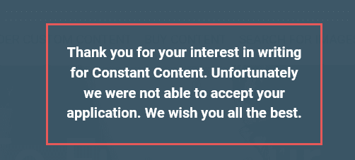 Image of a rejection note sent by Constant Content.