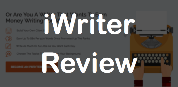 screenshot of iwriter home page with blurred background and text that says, "iWriter Review"