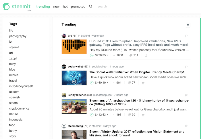 A picture of the main Steemit feed page showing the top posts