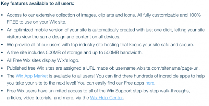 Image shows the listed features in the WIX free version of hosting.