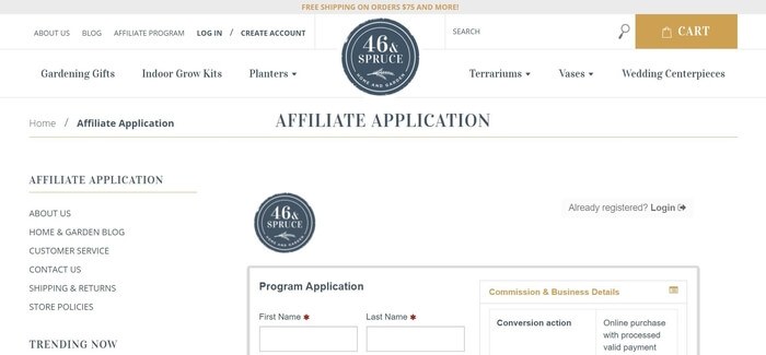 screenshot of the affiliate sign up page for 46 & Spruce