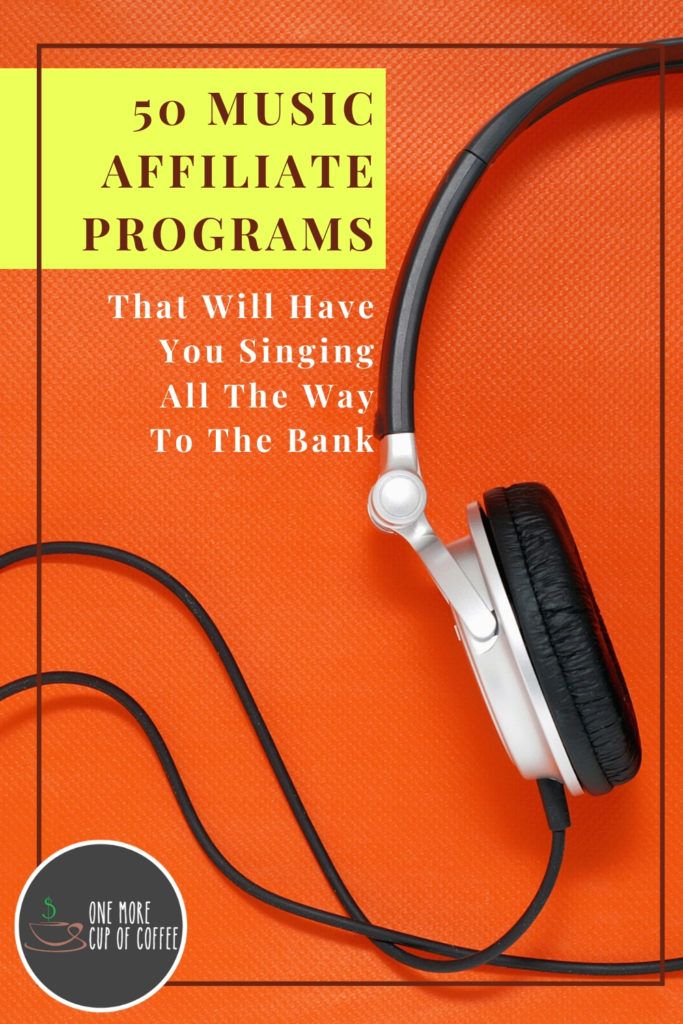 orange background with headphone and overlay text "50 Music Affiliate Programs That Will Have You Singing All The Way To The Bank feature"