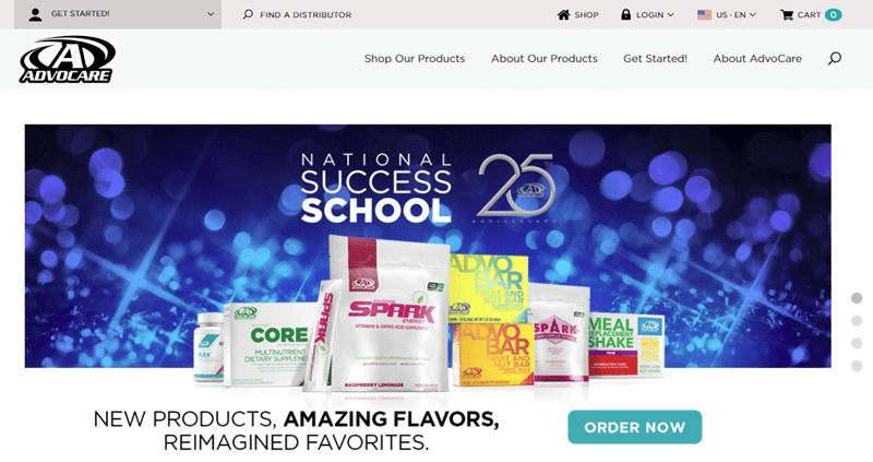 AdvoCare website screenshot showing a range of the products on a blue and sparkly background. 