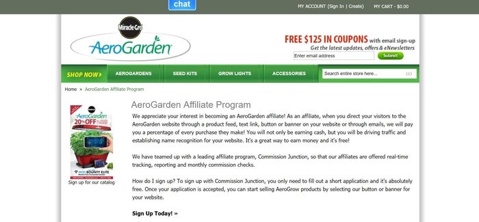 screenshot of the affiliate sign up page for AeroGarden